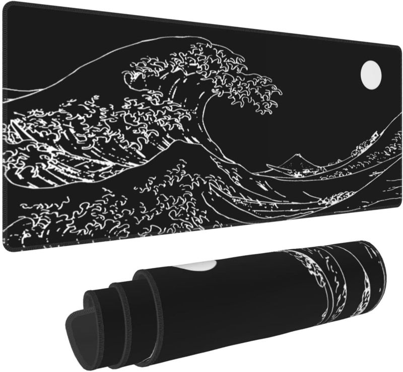 Granbey Black and White Japanese Sea Wave Mouse Pad,Extended Large Gaming Mouse Pads 31.5x11.8 in,Japanese Kanagawa Desk Mat,Laptop Mousepad Non-Slip Rubber MousePads for Office Home Travel - Image 1