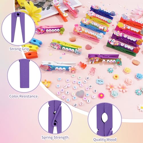 Fayoo 50 Pack DIY Cheer Pin Kit - 50 pcs Wooden Clothes Pins, U ATE Beads, Cheer Spoons and Charms for Pep Rally Cheerleader Gifts Team Spirit Gifts for Sports, Volleyball (Bright Color) - Image 3
