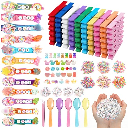 Fayoo 50 Pack DIY Cheer Pin Kit - 50 pcs Wooden Clothes Pins, U ATE Beads, Cheer Spoons and Charms for Pep Rally Cheerleader Gifts Team Spirit Gifts for Sports, Volleyball (Bright Color) - Image 1