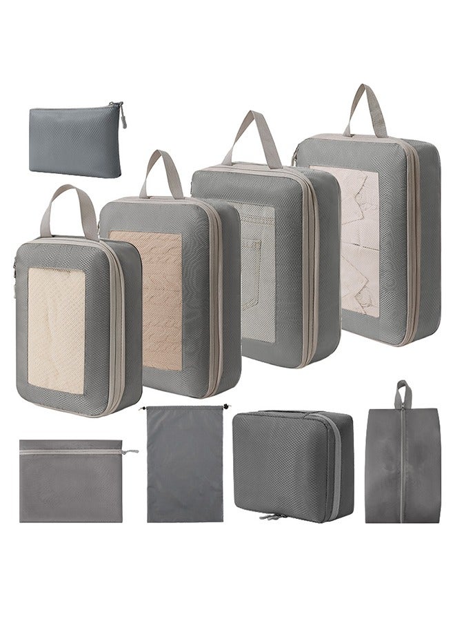 9 Set Compression Packing Cubes for Travel,Lightweight Vacation Travel Essentials，Travel Accessories for Suitcase Organizer Bags Set ， Compressible Expandable Travel Packing Organizer with Double Zipper, Travel Essentials for Carry on Luggage，Durable Luggage Organizer Travel Bags，Grey - Image 1