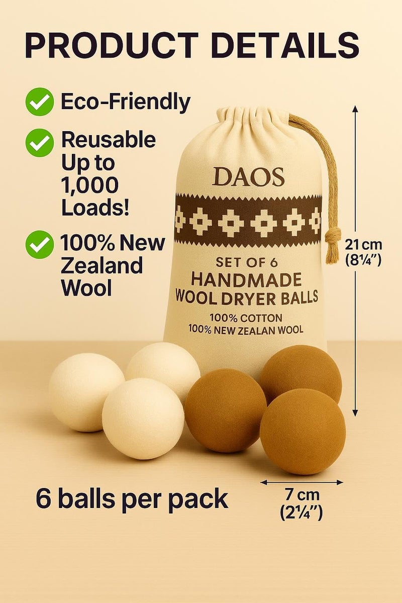 Wool Dryer Balls with Storage Bag - Pack of 6 (3 White + 3 Brown) - 100% New Zealand Wool - Image 5