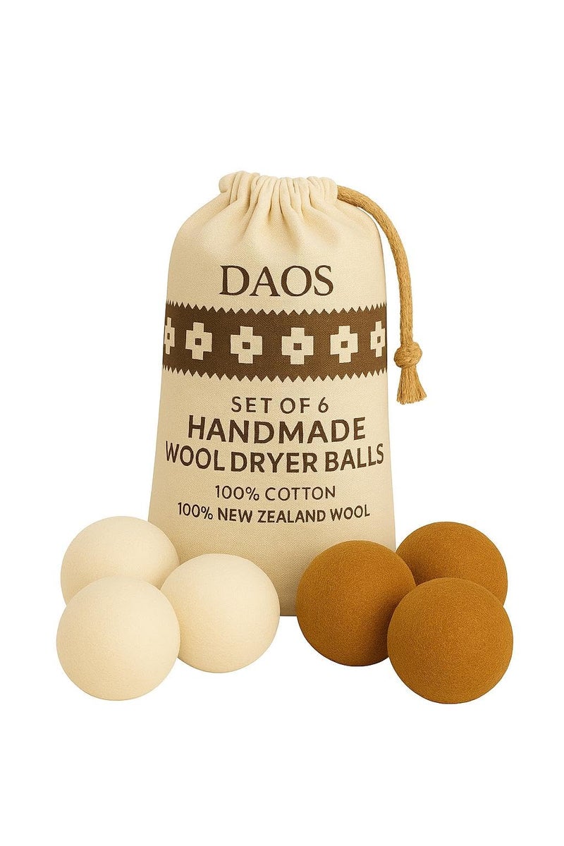 Wool Dryer Balls with Storage Bag - Pack of 6 (3 White + 3 Brown) - 100% New Zealand Wool - Image 1