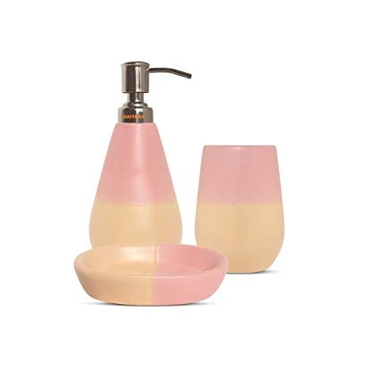 Vreni Ceramic Bathroom Accessories Set for Utility and Bathroom Decor | Liquid Soap Dispenser, soap Tray, Toothbrush Holder Hand CraftedDual Colur Pink/Yellow I Set of 3 - Image 1