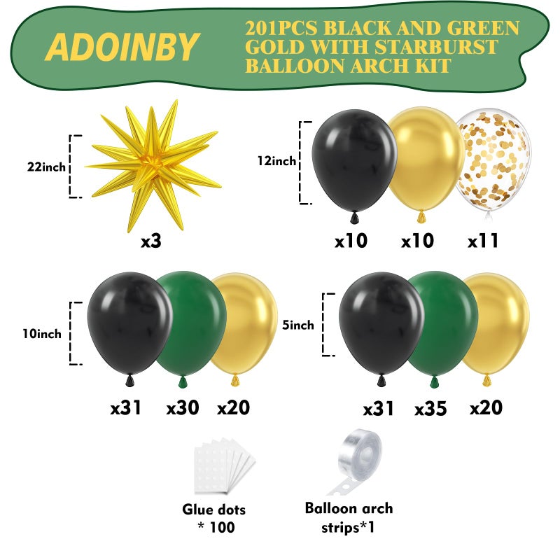 ADOINBY Green and Gold Black Balloon Arch Kit, 201Pcs Explosion Star Emerald Forest Dark Green Metallic Gold Black Balloons Garland for Birthday Baby Shower Jungle Graduation Prom Party Decorations - Image 2
