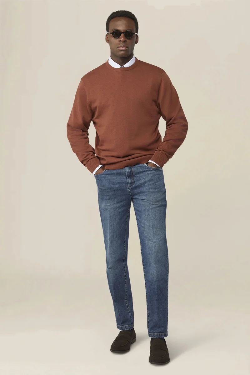 دوبل غانغر Men's crew neck jumper in 100% cotton - Rust