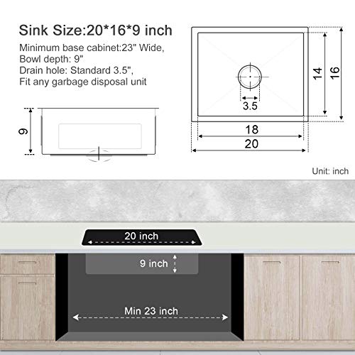 MENATT 20-inch Undermount Kitchen Sink, SUS304 Stainless Steel Handmade Single Bowl Kitchen Sink with Sink Strainer (Brushed), 20"x16"x9" - Image 3