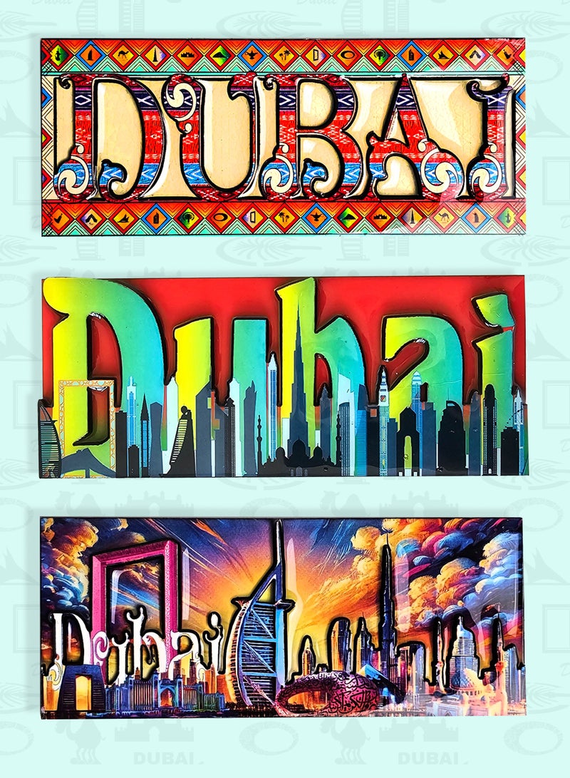 Souvenir Souq Fridge Magnet Wooden MDF 3 pcs (12×5 cm) Large Size | UAE Souvenir Dubai Skyline | Epoxy Shine Finish, - Image 1