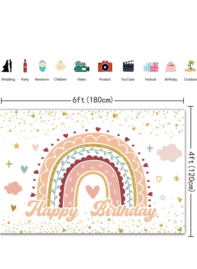 SYOSI Birthday Backdrop Rainbow Clouds Boho Theme Banner Girls Kids Happy Birthday Baby Shower Party Decorations Cake Table Banner Supplies 6x4FT - Image 4