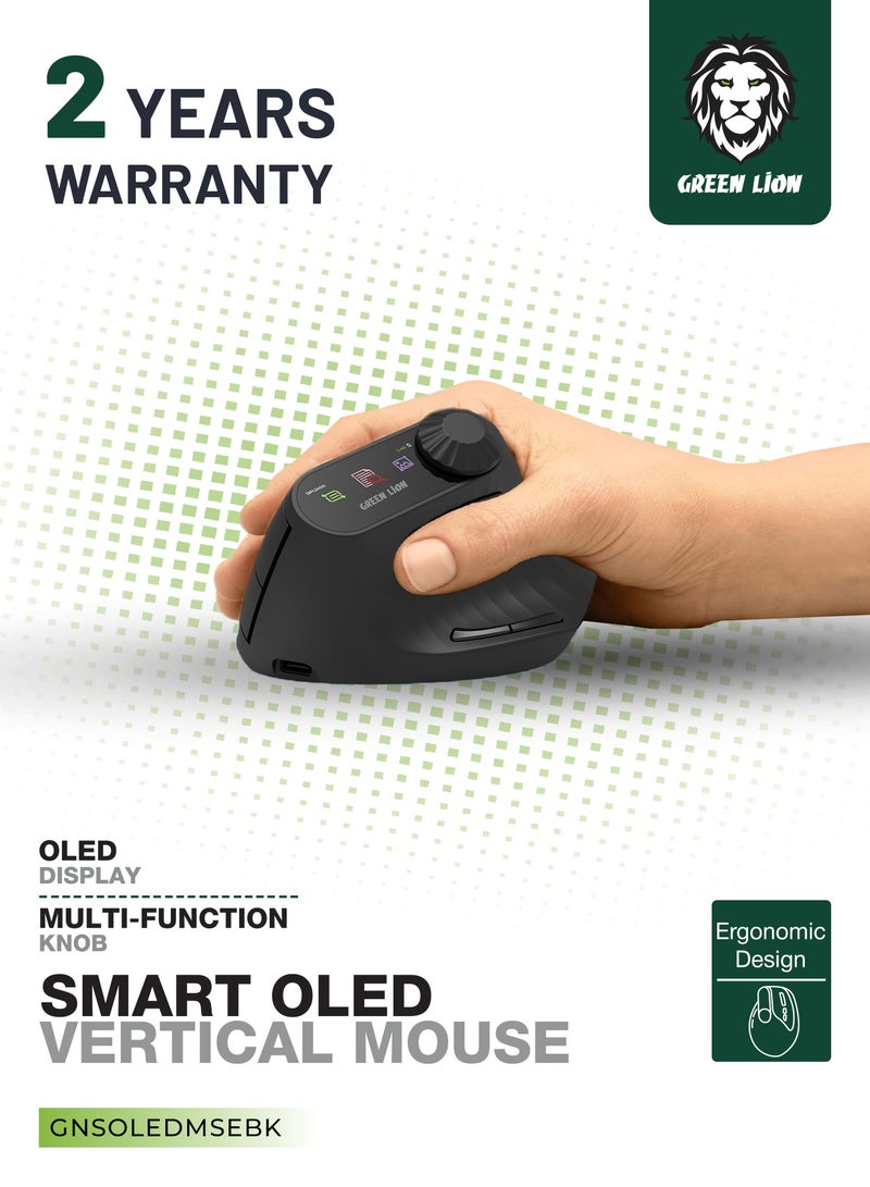 GREEN LION Smart OLED Vertical Mouse 4000DPI with Multi-Function Knob & Dual Mode Switching / Ergonomic Design / Copy/Paste Function / 65 Hours Working Time / 10G Acceleration - Black - Image 1