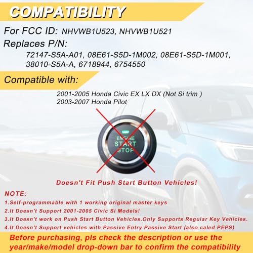 Vurkcy Keyless Entry Remote Car Key Fob fits Honda Pilot 2003 2004 2005 2006 2007/ Honda Civic EX LX DX 2001 2002 2003 2004 2005, Replacement for NHVWB1U523, NHVWB1U521 (Single) - Image 2