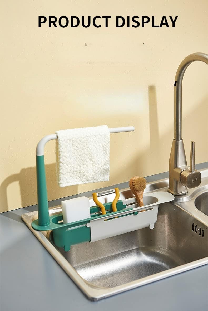 comfrt Updated Telescopic Sink Storage Rack, Adjustable Length Drainer Telescopic 2 In 1 Sink Storage Rack Holder, Storage Sponge Soap Holder with Dishcloth Hanger Expandable Storage Drain Basket (Yellow) - Image 4