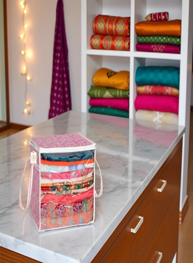 SHAPING FABRIC Pink Floral Fabric Saree Storage Bag with Transparent Front & Zipper Closure - Pack of 01 SF-SBB-419 - Image 1