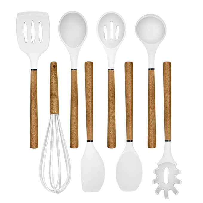 NON STICK SILICONE UTENSIL SET WITH ROUNDED WOOD HANDLES FOR COOKING AND BAKING 8 PIECE SET WHITE