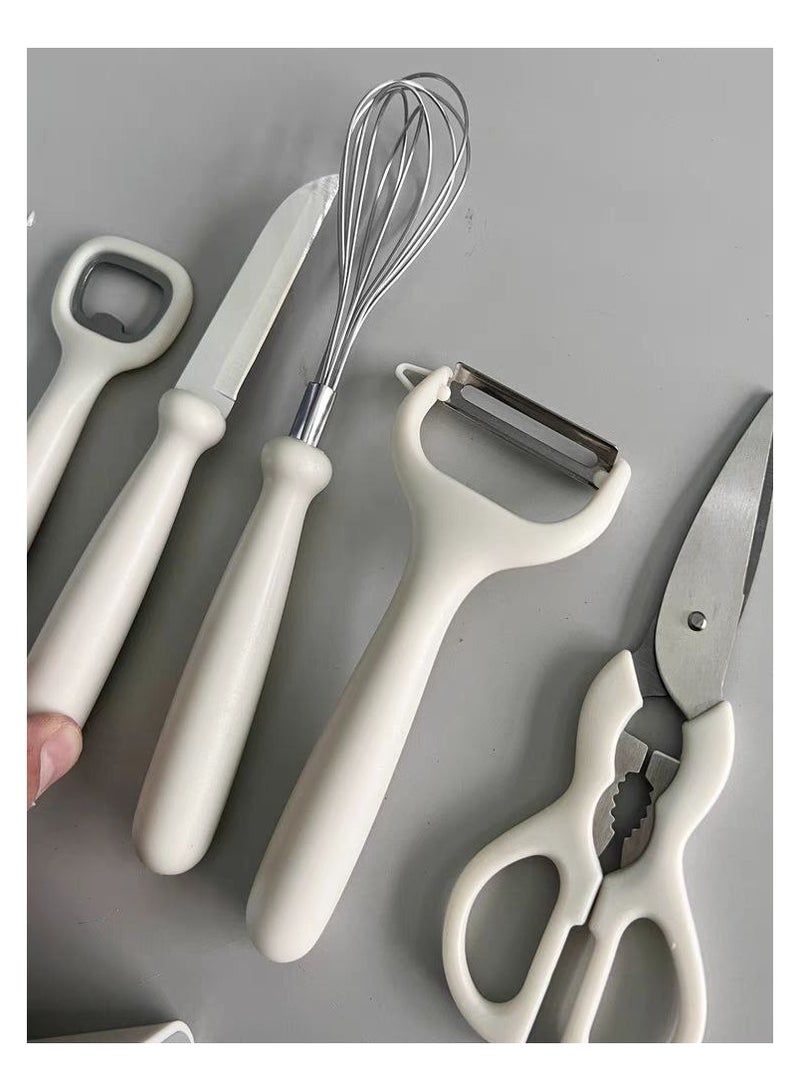 A kitchen tools set consisting of an opener, whisk, knife, scissors, and peeler, made of stainless steel, consisting of 6 pieces, with a dedicated stand. - Image 1