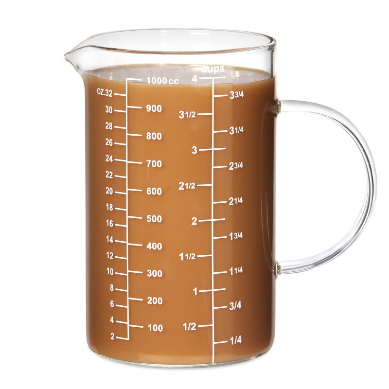 77L Glass Measuring Cup Insulated handle VShaped Spout High Borosilicate Glass Measuring Cup for Kitchen or Restaurant Easy To Read 1000 ML 1 Liter 4 Cup