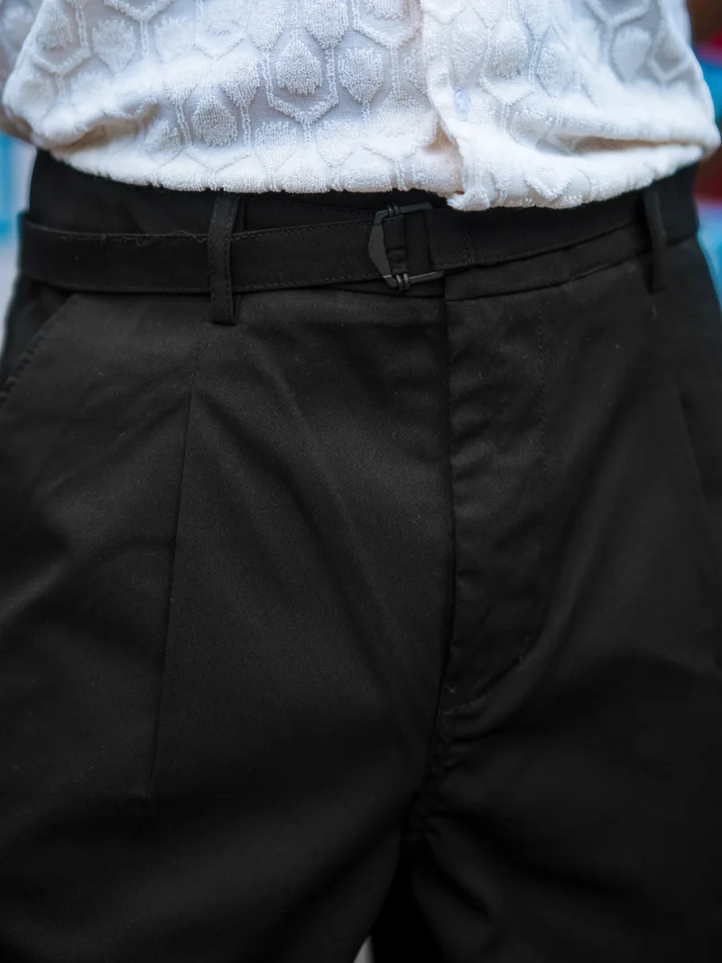 Maniac Maniac Mens Solid Black Belted Cotton Blend Trouser