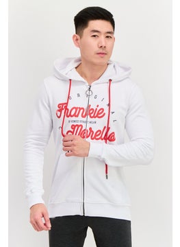 Men Printed Full Zip Long Sleeve Sweatshirts, White