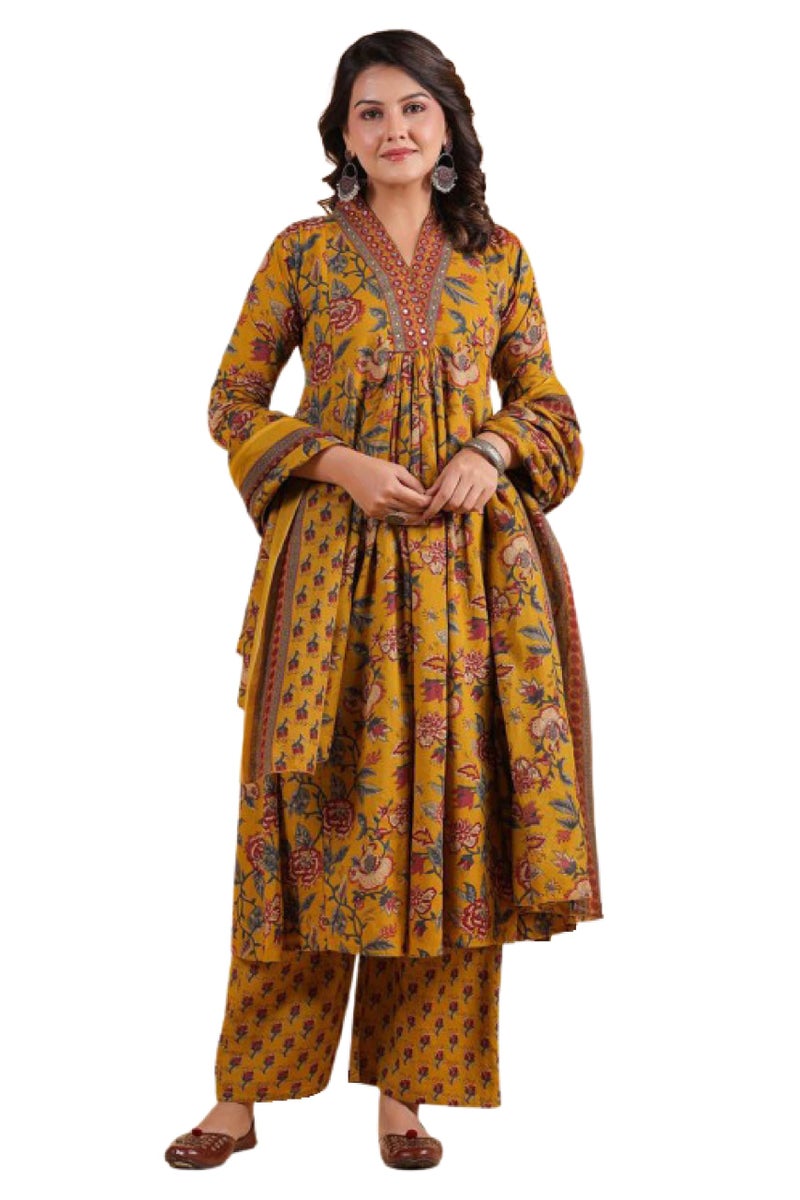 Rajnandini Women's Pure Cotton Jaipuri Printed Kurta & Palazzo with Dupatta (JOPLJPR868R-L_Mustard Yellow_L) - Image 1