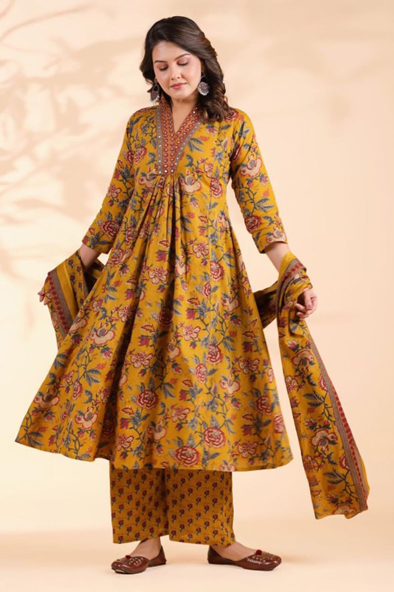 Rajnandini Women's Pure Cotton Jaipuri Printed Kurta & Palazzo with Dupatta (JOPLJPR868R-L_Mustard Yellow_L) - Image 5