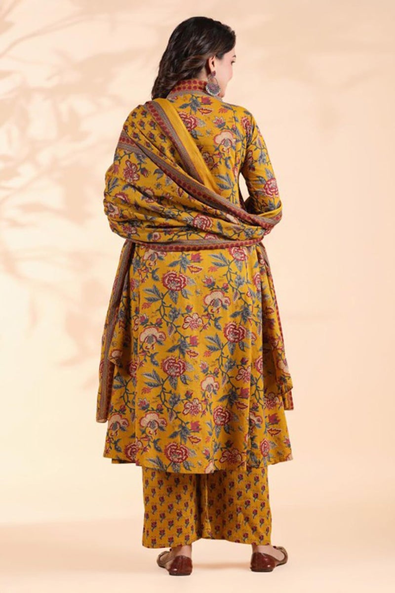 Rajnandini Women's Pure Cotton Jaipuri Printed Kurta & Palazzo with Dupatta (JOPLJPR868R-L_Mustard Yellow_L) - Image 2