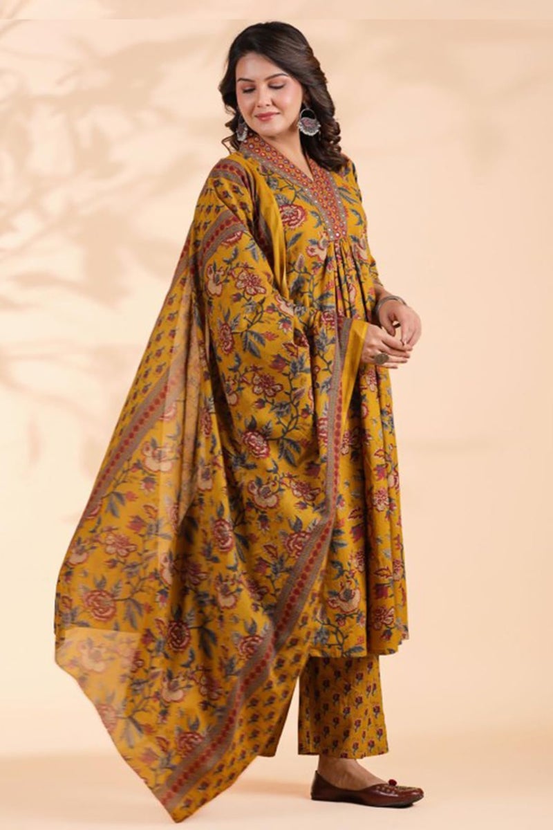 Rajnandini Women's Pure Cotton Jaipuri Printed Kurta & Palazzo with Dupatta (JOPLJPR868R-L_Mustard Yellow_L) - Image 4
