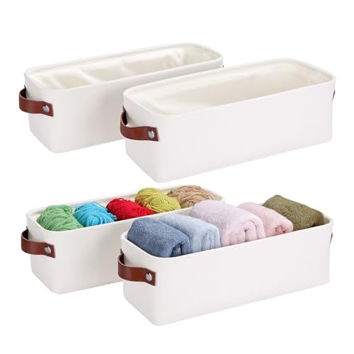 Kntiwiwo Small Fabric Storage Bins, 15x6x5 inch Narrow Storage Baskets 4-Pack Long Storage Basket for Organizing with Handles, Decorative Basket for Closets, Shelves, Toilet Paper, White - Image 1