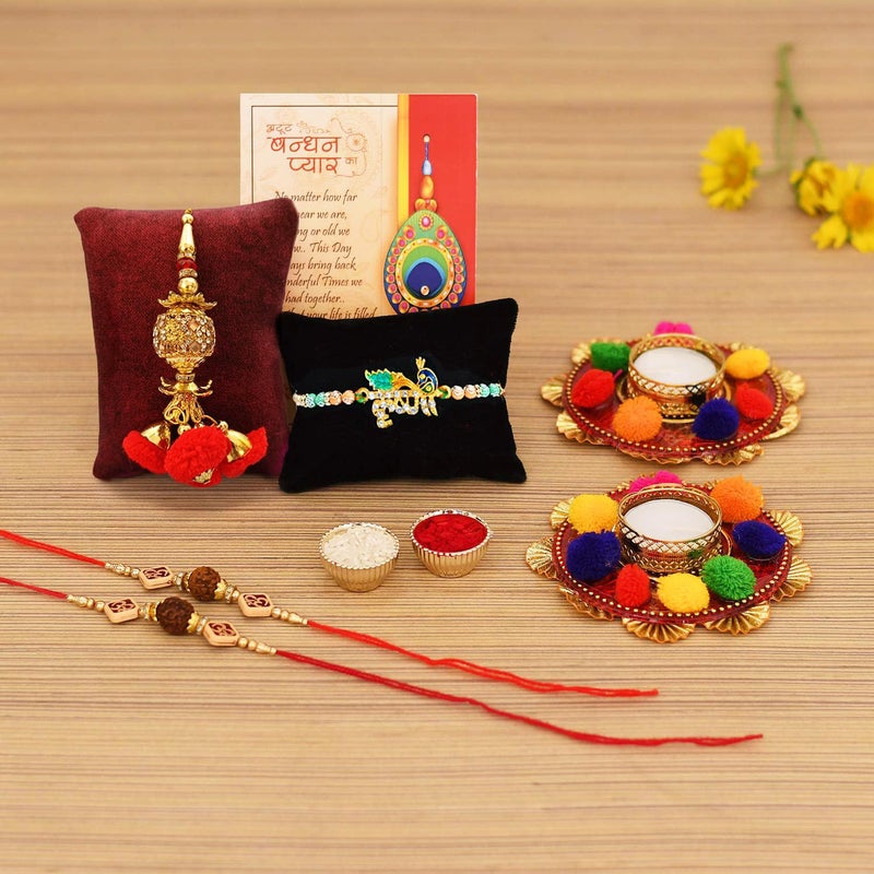 Collectible India Collectible India Rakhi Gifts for Brother Combo Set - Rakshabandhan Gift for Brother - Assorted Mix Color Flower Design Candle Holder, Shri Nath Ji Rakhi, Lumba Rakhi & Greeting Card  - Image 1