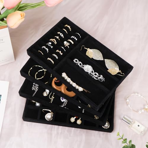 Cirhy 4 Stackable Jewelry Trays Organizer Set for Drawer, Jewelry Organizers and Display Case Storage, Velvet Drawer Inserts Organizer for Necklace Bracelets Earrings Organizer, Gift For Her, Black - Image 5