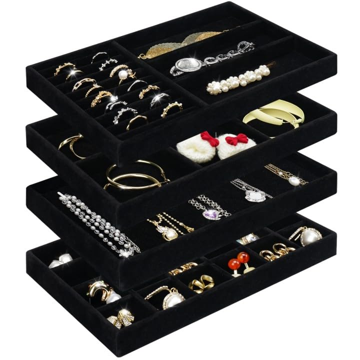 Cirhy 4 Stackable Jewelry Trays Organizer Set for Drawer, Jewelry Organizers and Display Case Storage, Velvet Drawer Inserts Organizer for Necklace Bracelets Earrings Organizer, Gift For Her, Black - Image 1