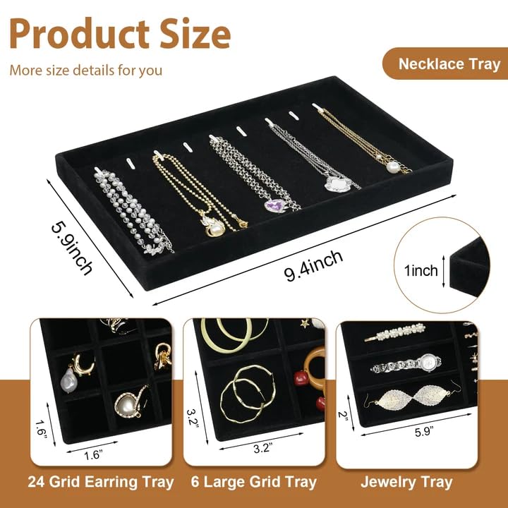 Cirhy 4 Stackable Jewelry Trays Organizer Set for Drawer, Jewelry Organizers and Display Case Storage, Velvet Drawer Inserts Organizer for Necklace Bracelets Earrings Organizer, Gift For Her, Black - Image 3