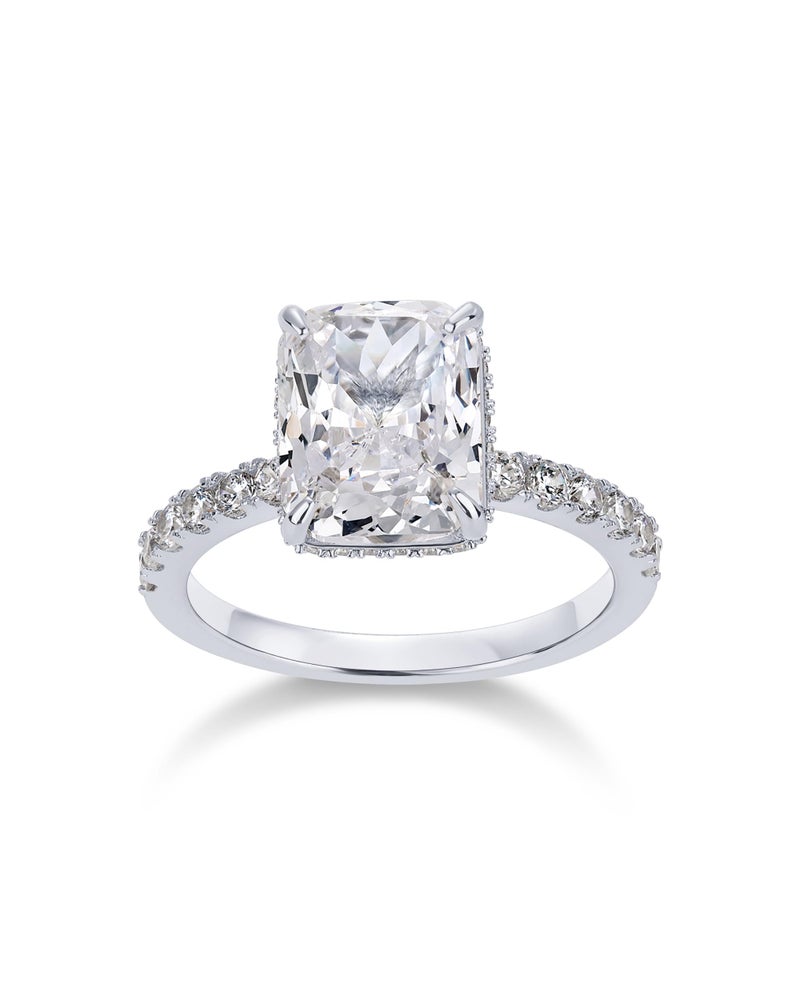 PAVOI Rhodium Plated Square Radiant Engagement Ring for Women | Hidden Halo Ring | Size 7 - Image 1
