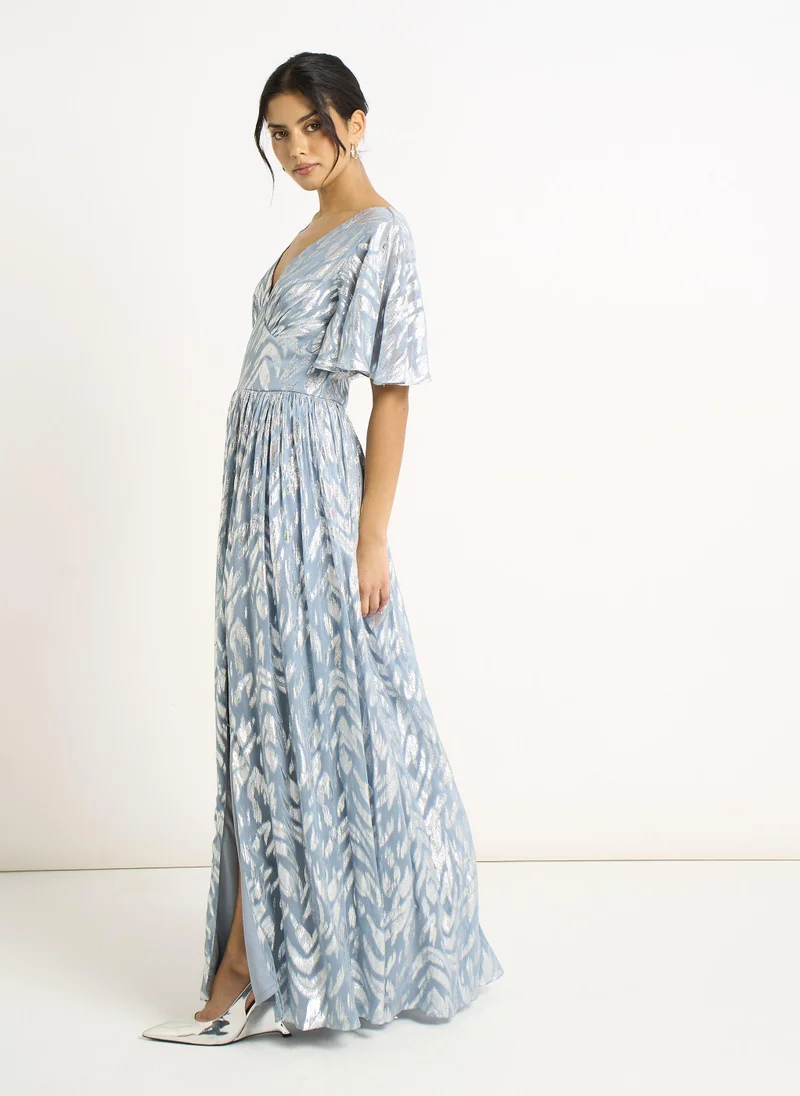 Gini London  Blue Foil Metallic Print Short Sleeves Maxi Dress for Women | Best Price UAE