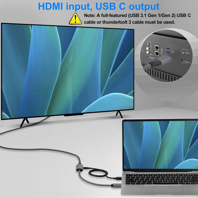 HDMI Male to USB-C Female Cable Adapter with USB C Power Cable,Uni-Directional HDMI (source) to Type C 3.1 (display) Converter,4K 60Hz Thunderbolt 3 Adapter for MacBook Pro,Microsoft Surface,Xreal Air