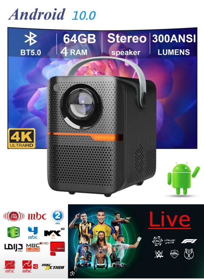 Projector Android 10 Smart Portable with WiFi and Bluetooth Outdoor 10000 Lumens Brightness 4GB RAM 64GB ROM 1080P and 4K video
