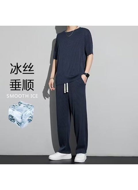 Mens Summer Casual Tee and Pants Set Blue