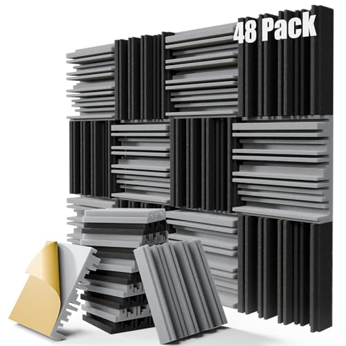 ZELMINE 48 Pack Sound Proof Foam Panels,12" X 12" X 2" Self-adhesive Acoustic Panels with High Density,Decorative Soundproof Wall Panels Sound Absorbing Foam for Wall and Ceiling(Black+Gray) - Image 1