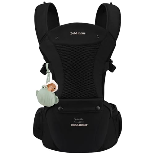 Bebamour Baby Carrier with Hip SeatAllPosition Breathable Mesh Hip Seat Carrier 036Months with Head Hood 3 PCS Teething Pads Waist ExtenderStorage Bag Pacifier CaseBlack - Image 1