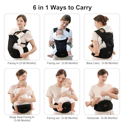 Bebamour Baby Carrier with Hip SeatAllPosition Breathable Mesh Hip Seat Carrier 036Months with Head Hood 3 PCS Teething Pads Waist ExtenderStorage Bag Pacifier CaseBlack - Image 3