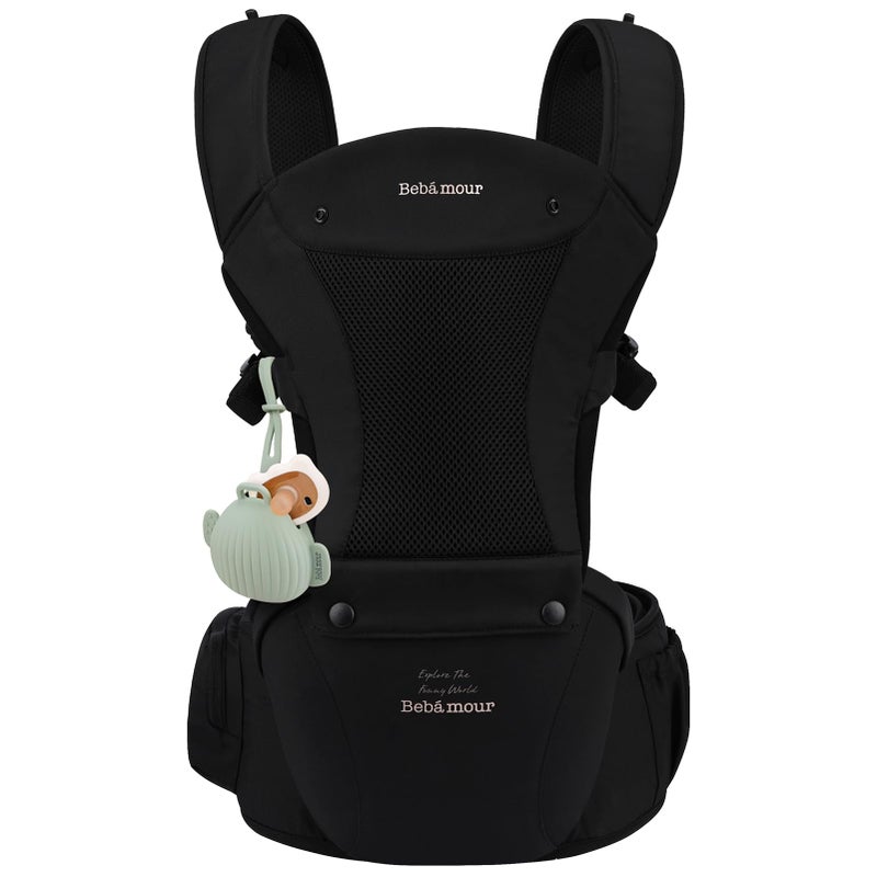 Bebamour Baby Carrier with Hip SeatAllPosition Breathable Mesh Hip Seat Carrier 036Months with Head Hood 3 PCS Teething Pads Waist ExtenderStorage Bag Pacifier CaseBlack - Image 2