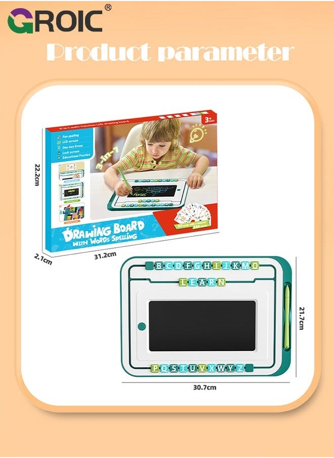 3-in-1 LCD Writing Tablet and Magnetic Drawing Board, English Word Spelling, Tetris Puzzle Blocks, Board Game, Erasable Doodle Educational Toys