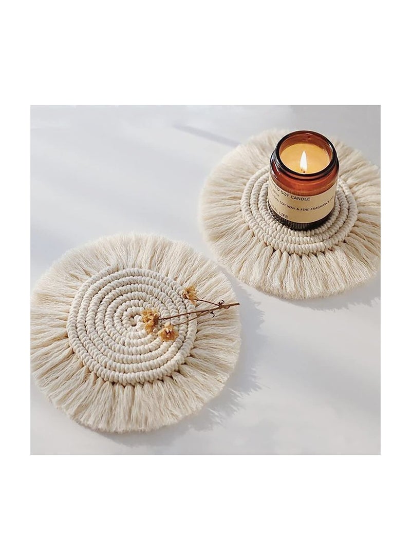 Zikra Coasters, with Tassels, for Drinks cup, Absorbent Woven Handmade Bohemian, Coffee Aromatherapy Decor Heat Protection Mat, for Home, Office, Coffee Wooden Table, Table Decor (Cream 2Pcs) - Image 3