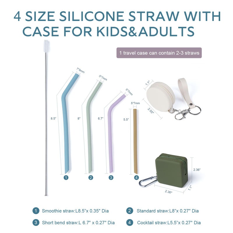 Tegion 4-Size Reusable Silicone Straws with Travel Keychain Cases-Portable Collapsible For Cruise Ships, Short-Long Size For 4-20 oz Tumblers,Kids Toddlers Adults, Standard&Wide For Regular Liquid&Smoothie - Image 5