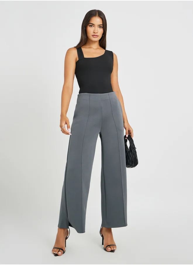 Styli Pin Tuck Detail Slit Hem Straight Knit Pants