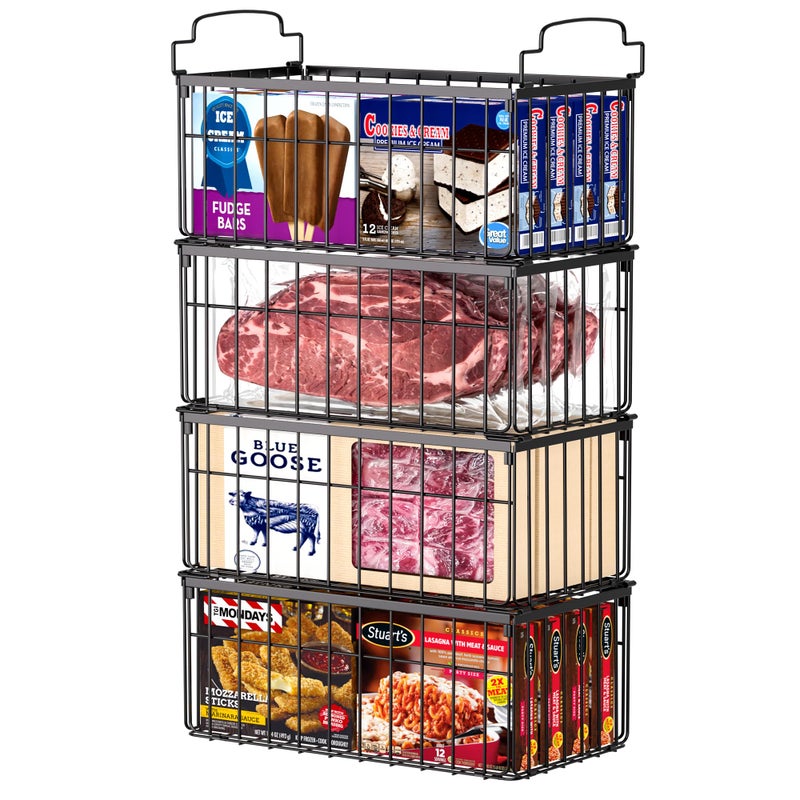 MSERCUOR Freezer Organizer Bins, 4 Pack Stackable Deep Chest Freezer Organizer Bins, Foldable Baskets with Handles, Black Storage Container Baskets for 5/ 7 Cu.FT Deep Freezer Sort Frozen Meats - Image 1