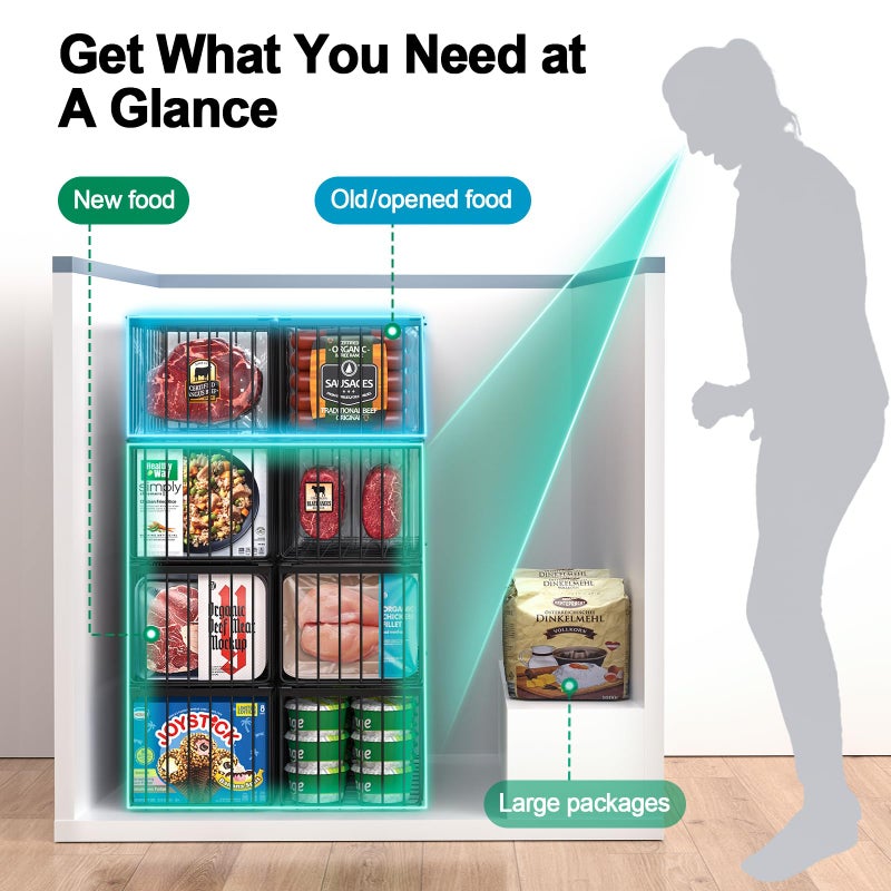 MSERCUOR Freezer Organizer Bins, 4 Pack Stackable Deep Chest Freezer Organizer Bins, Foldable Baskets with Handles, Black Storage Container Baskets for 5/ 7 Cu.FT Deep Freezer Sort Frozen Meats - Image 5