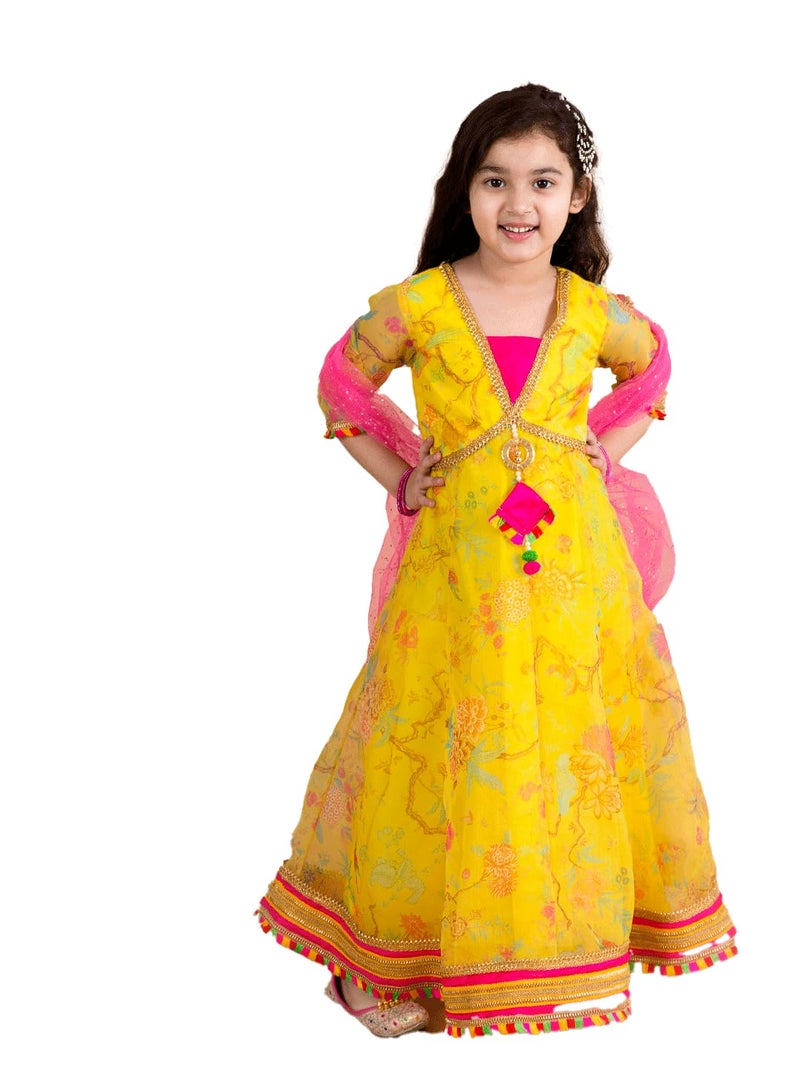 Pspeaches Girls Printed Fit & Flare Maxi Ethnic Dress with Dupatta & Waist Belt (14-15Years) Yellow - Image 5