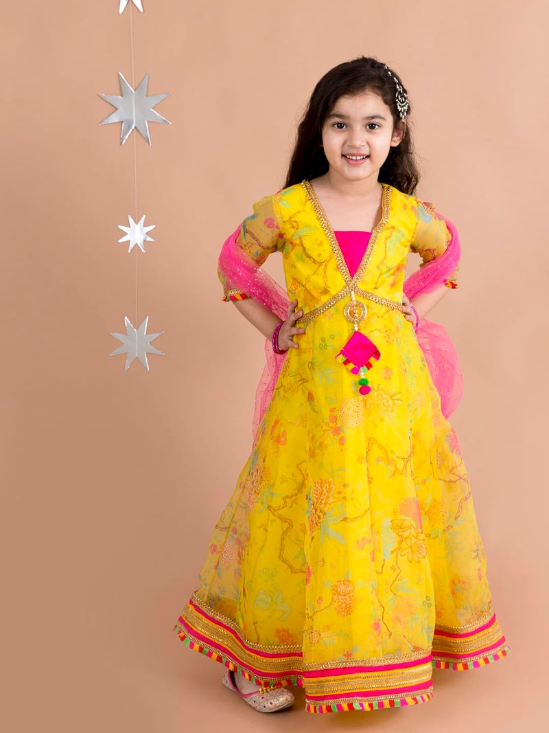 Pspeaches Girls Printed Fit & Flare Maxi Ethnic Dress with Dupatta & Waist Belt (14-15Years) Yellow - Image 3