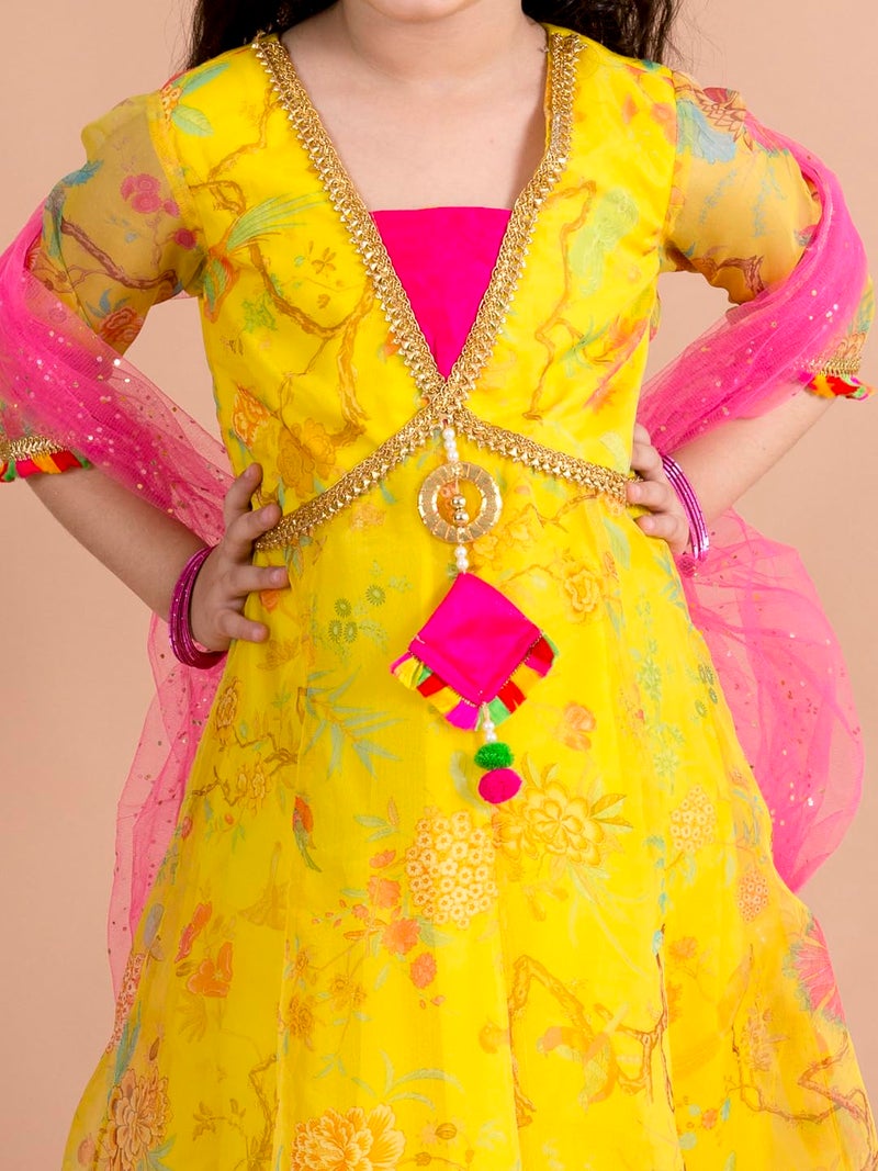 Pspeaches Girls Printed Fit & Flare Maxi Ethnic Dress with Dupatta & Waist Belt (14-15Years) Yellow - Image 2