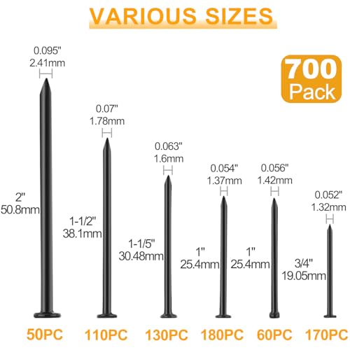 KURUI Black Nails for Hanging Wall Decor Tapestry Pictures Frame,700pc Picture Hangers for Bedroom Bathroom Office, 6 Sizes Small Finish Nails Assortment Kit,640 Frame Nails and 60 Finishing Nails - Image 2