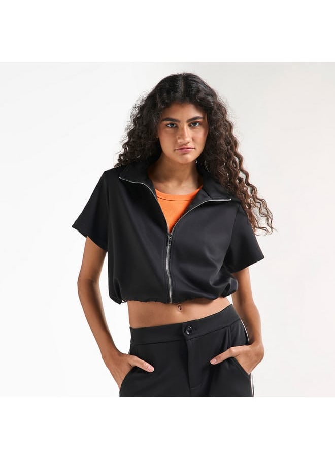 FAV Solid Crop T-shirt with Short Sleeves and Zip Closure  - Image 1